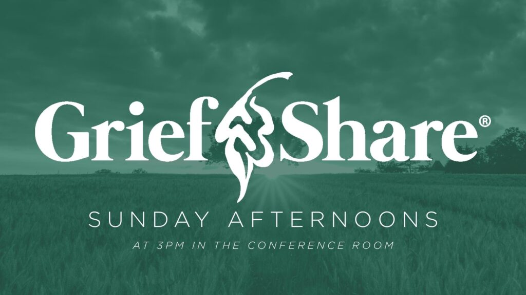 GriefShare logo over a field at sunset, Sunday afternoons at 3 PM