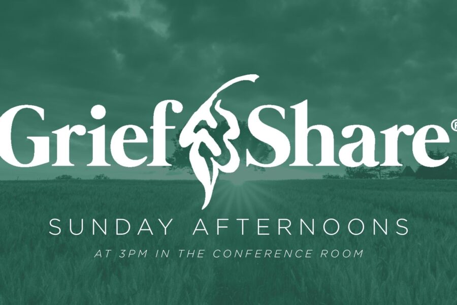 GriefShare logo over a field at sunset, Sunday afternoons at 3 PM