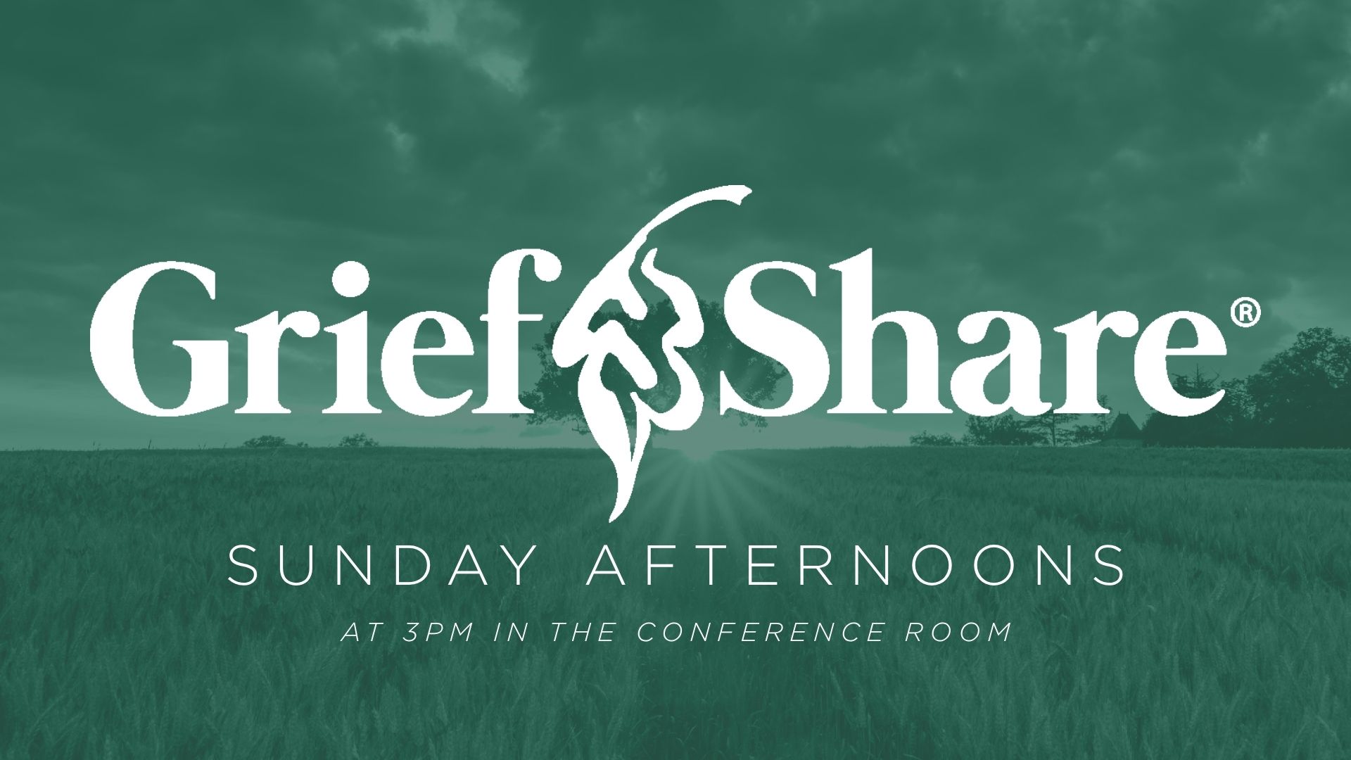 GriefShare logo over a field at sunset, Sunday afternoons at 3 PM